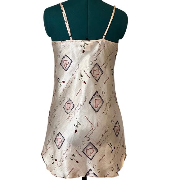 Vintage Lillianna Satin Heart & Rose Print Mini Slip Dress Ivory Pink Size Small - Picture 5 of 7
